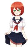  anz_(starry) bad_id bad_pixiv_id blush curtsey genderswap genderswap_(mtf) green_eyes highres inazuma_eleven inazuma_eleven_(series) kiyama_hiroto open_mouth red_hair school_uniform serafuku short_hair skirt skirt_lift smile solo 