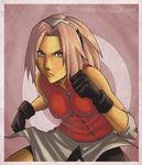  bike_shorts breasts fight gloves green_eyes haruno_sakura naruto pink_hairs ready squat 