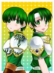  74 armor blush earrings femina_(fire_emblem) fire_emblem fire_emblem:_seisen_no_keifu gloves green_eyes green_hair headband jewelry multiple_girls phee_(fire_emblem) short_hair smile 