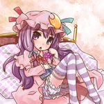  bed bloomers blush crescent food fruit grapes hair_ribbon hat long_hair mayuge_inu on_bed patchouli_knowledge purple_eyes purple_hair ribbon solo striped striped_legwear thighhighs touhou underwear 