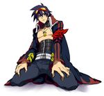  abitu belt blue_hair choker coat corset frown goggles goggles_on_head kneeling male_focus overcoat shirtless simon solo tengen_toppa_gurren_lagann white_background 