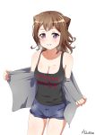  1girl artist_name bang_dream! bare_shoulders blush breasts brown_hair cleavage grin looking_at_viewer medium_breasts medium_hair no_bra purple_eyes sakamata shorts smile solo sweat tank_top toyama_kasumi 