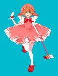  :o aji_nashi_(dress) blue_background bow bowtie brown_hair cardcaptor_sakura dress frills full_body fuuin_no_tsue gloves green_eyes hat holding kinomoto_sakura looking_at_viewer magical_girl open_mouth pink_dress pink_hat puffy_sleeves red_footwear shoes short_hair short_sleeves simple_background solo standing standing_on_one_leg thighhighs wand white_gloves white_legwear wings zettai_ryouiki 