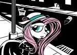  city coat comic_style equine eternal-equilibrium eternal_equilibrium female feral flower fluttershy_(mlp) friendship_is_magic hair hasbro hat horse light_pole mammal my_little_pony newspaper noir paper pegasus pink_hair pony rose sewer_drain side_walk solo street trash_can window wings 