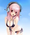  bikini blush breasts cleavage front-tie_top headphones hiroki_shin jewelry large_breasts long_hair necklace nitroplus open_mouth pendant pink_hair red_eyes side-tie_bikini solo strap_gap super_sonico swimsuit 