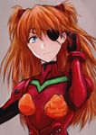  adjusting_hair bangs blue_eyes bodysuit bracer breasts closed_mouth evangelion:_3.0_you_can_(not)_redo eyepatch gloves grey_background hair_between_eyes hand_up headgear highres jyairo long_hair looking_at_viewer neon_genesis_evangelion number one_eye_covered orange_hair outstretched_arm pilot_suit plugsuit rebuild_of_evangelion red_bodysuit shikinami_asuka_langley small_breasts solo souryuu_asuka_langley tape turtleneck two_side_up upper_body 