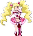  blonde_hair boots bow choker cure_peach dress earrings eyelashes foreshortening fresh_precure! hair_ornament hairpin heart heart_hair_ornament jewelry knee_boots long_hair magical_girl momozono_love one_eye_closed pink_bow pink_choker pink_eyes pink_footwear precure ribbon sinko_(sinsin) smile solo thumbs_up twintails wrist_cuffs 