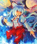  acrylic_paint_(medium) bad_id bad_pixiv_id bow breasts cleavage cloud fire flame fujiwara_no_mokou full_moon hair_bow isegawa_yasutaka long_hair medium_breasts moon night night_sky ofuda pants red_eyes silver_hair sky solo spell_card suspenders touhou traditional_media very_long_hair 