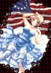  america american_flag axis_powers_hetalia bed blonde_hair breasts chaa choker cleavage dress genderswap genderswap_(mtf) green_eyes historical_american_flag medium_breasts red_string short_hair solo string united_kingdom_(hetalia) 