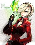  ash_crimson bad_id bad_pixiv_id belt blonde_hair blue_eyes breasts character_name cleavage face fingerless_gloves fingernails fire freckles genderswap genderswap_(mtf) gloves green_fire hair_over_one_eye hairband hand_on_hip kkaiju lipstick long_fingernails makeup medium_breasts pyrokinesis solo the_king_of_fighters unzipped wide_sleeves 