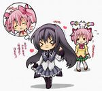  &gt;_&lt; :3 :d ^_^ akemi_homura blush chibi closed_eyes heart kaname_madoka kyubey long_hair magical_girl mahou_shoujo_madoka_magica multiple_girls object_on_head open_mouth shiropuni smile thought_bubble translated x3 