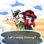  2girls :3 =_= beach bird blank_eyes blush_stickers bow doubutsu_no_mori dress english_text fishing_rod frills hairband hat hat_bow highres johnny_(doubutsu_no_mori) kashuu_(b-q) konpaku_youmu multiple_girls nagae_iku nintendo purple_hair short_hair touhou wet white_hair 