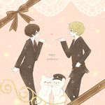  axis_powers_hetalia belt blonde_hair blush duo formal glasses hat heart japan_(hetalia) kumajirou laces pink_background ribbon short_hair simple_background star suit united_kingdo_(hetalia) united_kingdom_(hetalia) vocaloid 