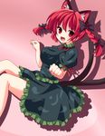  :3 animal_ears bad_id bad_pixiv_id bow braid cat_ears cat_tail dress extra_ears fang hair_bow highres kaenbyou_rin kuromari_(runia) multiple_tails open_mouth paw_pose red_eyes red_hair solo tail touhou twin_braids twintails 