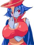  artist_request between_breasts blue_hair blue_skin blush blush_stickers breasts cape cleavage cleavage_cutout fangs flipped_hair hat huge_breasts jiangshi lei_lei lowres oekaki red_eyes solo vampire_(game) 
