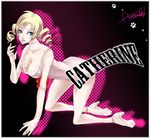  ageha-s ageha_saotome all_fours atlus bad_id blonde_hair blue_eyes breasts catherine catherine_(game) cleavage dress drill_hair female high_heels highres long_hair red_ribbon ribbon solo tongue twin_drills twintails 