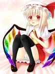  black_legwear blonde_hair blush flandre_scarlet hanazome_dotera hat panties pantyshot pantyshot_(sitting) red_eyes side_ponytail sitting solo tears thighhighs touhou trembling underwear white_panties wings 