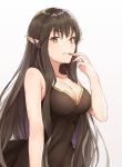  1girl alternate_costume bangs bare_shoulders biting black_cola black_dress black_hair breasts cleavage dress eyebrows_visible_through_hair fate/apocrypha fate/grand_order fate_(series) finger_biting fingernails hair_between_eyes highres large_breasts long_fingernails long_hair looking_at_viewer pointy_ears semiramis_(fate) sleeveless sleeveless_dress solo white_background yellow_eyes 