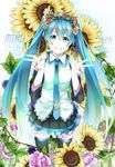  aqua_eyes aqua_hair detached_sleeves double_v flower grin hatsune_miku head_wreath highres long_hair necktie retsuna skirt smile solo sunflower thighhighs twintails v very_long_hair vocaloid 