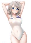 1girl :o armpits arms_up bangs blue_eyes blush breasts cameltoe collarbone competition_swimsuit covered_navel eyebrows_visible_through_hair grey_hair hair_between_eyes highleg highleg_swimsuit large_breasts looking_at_viewer love_live! love_live!_sunshine!! miel_(lessontome) nipples one-piece_swimsuit open_mouth parted_bangs see-through short_hair simple_background skindentation solo standing swept_bangs swimsuit watanabe_you wet white_background white_swimsuit 