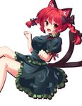  :3 animal_ears bad_id bad_pixiv_id bow braid cat_ears cat_tail dress extra_ears fang hair_bow highres kaenbyou_rin kuromari_(runia) multiple_tails open_mouth paw_pose red_eyes red_hair simple_background solo tail touhou twin_braids twintails 