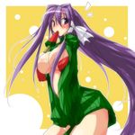  breasts clannad food fujibayashi_kyou large_breasts long_hair open_clothes open_shirt popsicle purple_eyes purple_hair shirt simple_background solo umesato_yukino very_long_hair 