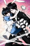  black_hair blue_eyes ciel_phantomhive crossdressing dress eyepatch formal glasses gloves kl kuroshitsuji male_focus multiple_boys otoko_no_ko red_eyes sebastian_michaelis striped striped_legwear suit thighhighs 