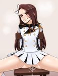  after_sex angry anus arms_behind_back bad_id bad_pixiv_id band_uniform blush boots bow brown_hair clenched_teeth cum cum_in_pussy cum_on_body cum_on_clothes cum_on_lower_body cumdrip hair_bow highres idolmaster idolmaster_(classic) idolmaster_2 long_hair majorette minase_iori no_panties petite rape red_eyes sitting skirt solo spread_legs tears teeth tkhs 