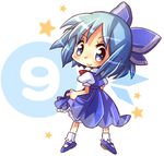  :&gt; blue_eyes blue_hair blush bow chibi cirno dress hair_bow hiyopuko looking_back lowres mary_janes shoes short_hair skirt_hold smile solo touhou wings 