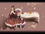  boots cake chair cross-laced_footwear cup dress english food frilled_dress frills hair_ribbon heterochromia kagiyama_hina lace-up_boots letterboxed medicine_melancholy multiple_girls plate ribbon shadow short_sleeves sitting standing sweets table teacup teapot touhou yukiiri 