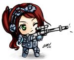  armor atk402 bodysuit chibi goggles goggles_on_head green_eyes gun lowres ponytail red_hair rifle sarah_kerrigan sniper_rifle solo starcraft terran terran_ghost weapon 