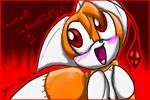  &gt;:3 blush cute doll joanatrex plain_background plushie red_background red_eyes sega solo sonic_(series) tails_doll 