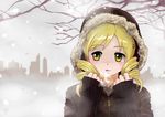  blonde_hair breath building coat drill_hair hair_ornament hairclip mahou_shoujo_madoka_magica shutterhappy snow solo tomoe_mami tree winter yellow_eyes 