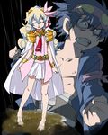  1girl abitu angry barefoot blue_hair closed_eyes dirty_feet flower goggles goggles_on_head hair_flower hair_ornament lowres mud multicolored_hair nia_teppelin pink_skirt rain simon skirt tengen_toppa_gurren_lagann two-tone_hair younger 