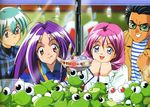  2girls 90s :q black_hair blue_eyes blue_hair brown_eyes clenched_hand clenched_hands clenched_teeth crane_game frog front_ponytail frown glasses happy hokari_jun'ichirou kokura_masashi kotobuki_miyuki long_hair multiple_boys multiple_girls official_art pink_hair purple_hair scan shirayuki_miho stuffed_animal stuffed_frog stuffed_toy takumi_sakaki teeth tokimeki_memorial tokimeki_memorial_2 tongue tongue_out 