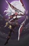  alternate_costume blade bodysuit boots breasts brown_eyes cherry_blossoms cleavage cleavage_cutout heart highres irelia knee_pads league_of_legends legs long_hair loped medium_breasts moon night nightblade_irelia pale_skin pauldrons solo white_hair 