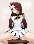  angry anus arms_behind_back bad_id bad_pixiv_id band_uniform blush boots bow brown_hair clenched_teeth hair_bow highres idolmaster idolmaster_(classic) idolmaster_2 long_hair majorette minase_iori no_panties red_eyes sitting skirt solo spread_legs tears teeth tkhs 