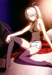  absurdres armpit_crease bare_shoulders bed breasts closed_mouth expressionless grey_eyes grey_hair highres medium_breasts melty_blood non-web_source official_art ponytail riesbyfe_stridberg shorts sideboob sitting solo takeuchi_takashi tank_top thighhighs tsukihime 