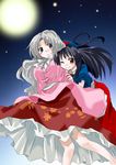  bare_legs black_hair blue_eyes brown_eyes cosplay costume costume_switch cross grey_hair hat houraisan_kaguya houraisan_kaguya_(cosplay) long_hair moon multiple_girls night night_sky one_eye_closed sky sleeves_past_wrists smile touhou unya yagokoro_eirin yagokoro_eirin_(cosplay) 