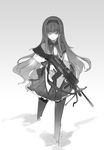  akemi_homura greyscale gun hairband highres long_hair m249 machine_gun magical_girl mahou_shoujo_madoka_magica monochrome pantyhose pleated_skirt ribbon sakura_sora skirt smoke solo trigger_discipline weapon 