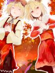  aki_minoriko aki_shizuha artist_request autumn blonde_hair closed_eyes dress food fruit grapes hands_on_own_chest hands_together hat inubashiri_momiji leaf leaf_on_head moriya_suwako multiple_girls red_eyes shameimaru_aya short_hair siblings silhouette sisters skirt sunset tegaki touhou 