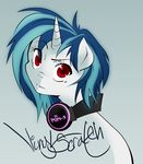  equine eyelashes female friendship_is_magic hair headphones horn horse long_hair mammal my_little_pony plain_background pony portrait puzzle-of-life red_eyes short_hair solo two_tone_hair unicorn vinyl_scratch_(mlp) whirlywillow white_body 
