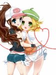  2girls ass asymmetrical_docking baseball_cap bel_(pokemon) beret blonde_hair blue_eyes blush breast_press breasts brown_hair dress dress_lift green_eyes hat heart large_breasts long_hair looking_back multiple_girls open_mouth pokemon pokemon_(game) pokemon_black_and_white pokemon_bw ponytail see-through short_hair shorts smile tarota_(mayaaa) touko_(pokemon) white_(pokemon) yuri 