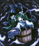  :o bucket green_eyes green_hair hair_bobbles hair_ornament hair_ribbon japanese_clothes kisume long_hair open_mouth ribbon skyspace solo touhou twintails 