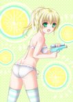  :d bad_id bad_pixiv_id bare_shoulders bikini blonde_hair dimples_of_venus fang from_behind green_eyes long_hair looking_back open_mouth original ponytail side-tie_bikini smile solo striped striped_legwear swimsuit thighhighs tsukino_neru water_gun 