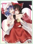  ^_^ ahoge ascot bad_id bad_pixiv_id bat_wings blue_hair bow brown_hair closed_eyes dress fingernails frame hair_bow hair_ribbon hair_tubes hakurei_reimu hat hat_ribbon highres hug hug_from_behind long_sleeves midriff multiple_girls navel open_mouth pink_dress red_eyes remilia_scarlet ribbon s-syogo shirt skirt skirt_set smile sweatdrop touhou wings yuri 