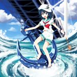  anchor barefoot black_hair blue_eyes bridge chain hat hishaku ladle murasa_minamitsu open_mouth ruu_(tksymkw) shorts solo touhou water whirlpool 