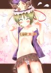  bad_id bad_pixiv_id bare_shoulders blush collarbone flat_chest green_hair groin hat highres kimikimi miniskirt navel off_shoulder open_clothes open_shirt panties pantyshot rod_of_remorse shiki_eiki shirt skirt solo sweat touhou underwear white_panties 