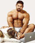  computer facial_hair feral human jiraiya laptop male mammal muscles plain_background saint_bernard smile st._bernard underwear white_background 