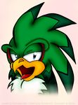  beak blue_eyes chest_tuft darkeiya fur green green_body hawk jet_the_hawk looking_at_viewer male plain_background sega solo sonic_(series) sonic_riders tongue tongue_out tuft white_background 